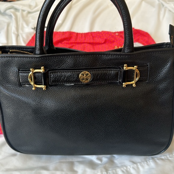 Tory Burch Horsebit Jaden Black Pebbled Leather Satchel Shoulder Bag - Picture 2 of 7